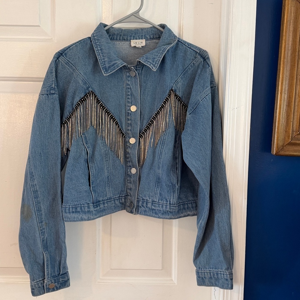 Women’s Le Lis Light Blue Denim Jacket with Beaded Fringe Size Large - Picture 2 of 6